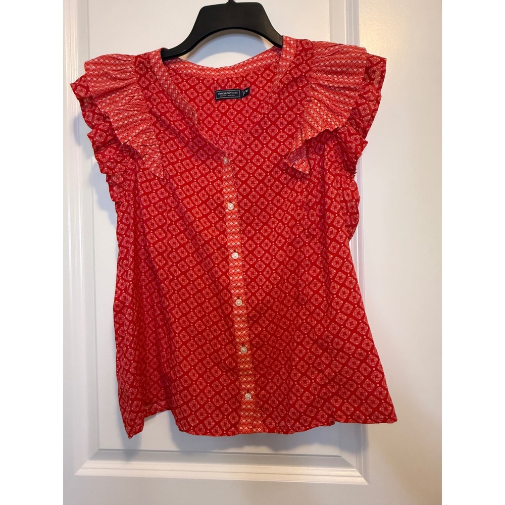 Vineyard Vines Button Down Women Medium Red Modal Cotton Ruffle Sleeve Blouse